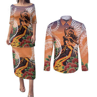 Hawaii Women's Day Tribal Couples Matching Puletasi and Long Sleeve Button Shirt Pele Honua Mea