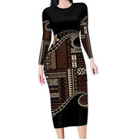 Samoa Siapo Mamanu Family Matching Long Sleeve Bodycon Dress and Hawaiian Shirt Waves Motifs LT7 Mom's Dress Black - Polynesian Pride