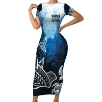 World Ocean Day Pasifika Family Matching Short Sleeve Bodycon Dress and Hawaiian Shirt Awaken New Depths LT7 Mom's Dress Blue - Polynesian Pride