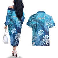 Hawaii World Ocean Day Couples Matching Off The Shoulder Long Sleeve Dress and Hawaiian Shirt Kakau Turtles LT7 - Polynesian Pride