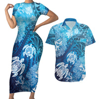 Hawaii World Ocean Day Couples Matching Short Sleeve Bodycon Dress and Hawaiian Shirt Kakau Turtles LT7 Blue - Polynesian Pride