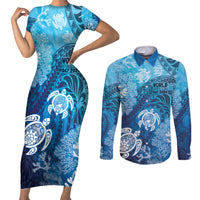 Hawaii World Ocean Day Couples Matching Short Sleeve Bodycon Dress and Long Sleeve Button Shirt Kakau Turtles LT7 Blue - Polynesian Pride