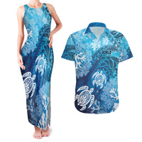 Hawaii World Ocean Day Couples Matching Tank Maxi Dress and Hawaiian Shirt Kakau Turtles LT7 Blue - Polynesian Pride