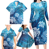 Hawaii World Ocean Day Family Matching Long Sleeve Bodycon Dress and Hawaiian Shirt Kakau Turtles LT7 - Polynesian Pride