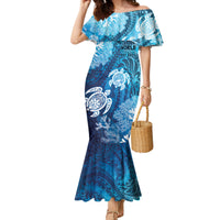 Hawaii World Ocean Day Family Matching Mermaid Dress and Hawaiian Shirt Kakau Turtles LT7 Mom's Dress Blue - Polynesian Pride