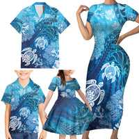 Hawaii World Ocean Day Family Matching Short Sleeve Bodycon Dress and Hawaiian Shirt Kakau Turtles LT7 - Polynesian Pride