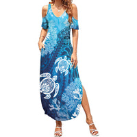 Hawaii World Ocean Day Family Matching Summer Maxi Dress and Hawaiian Shirt Kakau Turtles LT7 Mom's Dress Blue - Polynesian Pride
