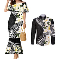 Aloha Hawaii Festive Couples Matching Mermaid Dress and Long Sleeve Button Shirt Frangipani Lace Classic LT7 Black - Polynesian Pride