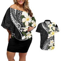 Aloha Hawaii Festive Couples Matching Off Shoulder Short Dress and Hawaiian Shirt Frangipani Lace Classic LT7 Black - Polynesian Pride