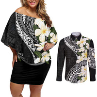Aloha Hawaii Festive Couples Matching Off Shoulder Short Dress and Long Sleeve Button Shirt Frangipani Lace Classic