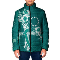 Kia Orana Cook Islands Tapa Floral With Cross Padded Jacket Deep Teal