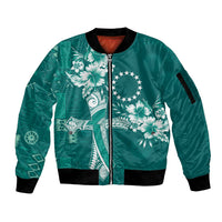 Kia Orana Cook Islands Tapa Floral With Cross Sleeve Zip Bomber Jacket Deep Teal