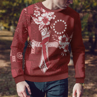 Kia Orana Cook Islands Tapa Floral With Cross Ugly Christmas Sweater Crimson Red LT7 - Polynesian Pride