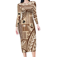 Samoa Tapa Family Matching Long Sleeve Bodycon Dress and Hawaiian Shirt Siapo Mix Tatau Patterns LT7 Mom's Dress Beige - Polynesian Pride