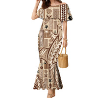 Samoa Tapa Family Matching Mermaid Dress and Hawaiian Shirt Siapo Mix Tatau Patterns LT7 Mom's Dress Beige - Polynesian Pride