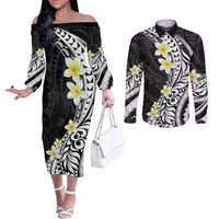 Hawaii Aloha Couples Matching Off The Shoulder Long Sleeve Dress and Long Sleeve Button Shirt Plumeria Vintage - Black LT7 Black - Polynesian Pride