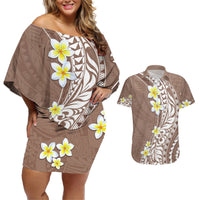 Hawaii Aloha Couples Matching Off Shoulder Short Dress and Hawaiian Shirt Plumeria Vintage - Brown LT7 Brown - Polynesian Pride