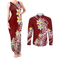 Hawaii Aloha Couples Matching Tank Maxi Dress and Long Sleeve Button Shirt Plumeria Vintage - Crimson LT7 Crimson - Polynesian Pride
