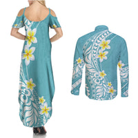 Hawaii Aloha Couples Matching Summer Maxi Dress and Long Sleeve Button Shirt Plumeria Vintage - Turquoise LT7 - Polynesian Pride