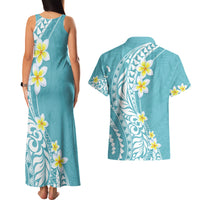 Hawaii Aloha Couples Matching Tank Maxi Dress and Hawaiian Shirt Plumeria Vintage - Turquoise LT7 - Polynesian Pride