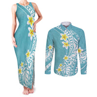 Hawaii Aloha Couples Matching Tank Maxi Dress and Long Sleeve Button Shirt Plumeria Vintage - Turquoise LT7 Turquoise - Polynesian Pride