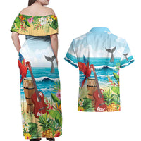 Aloha Honolulu Festival Couples Matching Off Shoulder Maxi Dress and Hawaiian Shirt Ukulele By The Shore LT7 - Polynesian Pride