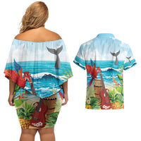 Aloha Honolulu Festival Couples Matching Off Shoulder Short Dress and Hawaiian Shirt Ukulele By The Shore LT7 - Polynesian Pride
