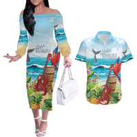 Aloha Honolulu Festival Couples Matching Off The Shoulder Long Sleeve Dress and Hawaiian Shirt Ukulele By The Shore LT7 Art - Polynesian Pride