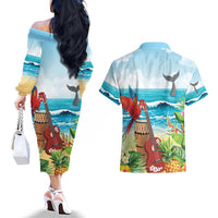 Aloha Honolulu Festival Couples Matching Off The Shoulder Long Sleeve Dress and Hawaiian Shirt Ukulele By The Shore LT7 - Polynesian Pride