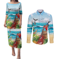 Aloha Honolulu Festival Couples Matching Puletasi and Long Sleeve Button Shirt Ukulele By The Shore