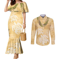 Aloha Honolulu Festival Couples Matching Mermaid Dress and Long Sleeve Button Shirt Hawaii Kapa Mix Flowers Lei LT7 Yellow - Polynesian Pride