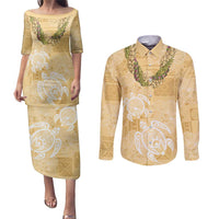 Aloha Honolulu Festival Couples Matching Puletasi and Long Sleeve Button Shirt Hawaii Kapa Mix Flowers Lei LT7 Yellow - Polynesian Pride
