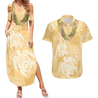 Aloha Honolulu Festival Couples Matching Summer Maxi Dress and Hawaiian Shirt Hawaii Kapa Mix Flowers Lei LT7 Yellow - Polynesian Pride