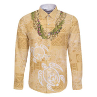 Aloha Honolulu Festival Family Matching Off The Shoulder Long Sleeve Dress and Hawaiian Shirt Hawaii Kapa Mix Flowers Lei LT7 Dad's Shirt - Long Sleeve Yellow - Polynesian Pride