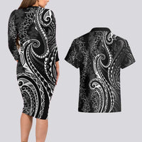 Polynesia Plumeria Lei Couples Matching Long Sleeve Bodycon Dress and Hawaiian Shirt Black Curves Motif LT7 - Polynesian Pride