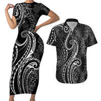 Polynesia Plumeria Lei Couples Matching Short Sleeve Bodycon Dress and Hawaiian Shirt Black Curves Motif LT7 Black - Polynesian Pride