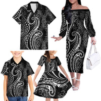 Polynesia Plumeria Lei Family Matching Off The Shoulder Long Sleeve Dress and Hawaiian Shirt Black Curves Motif LT7 - Polynesian Pride