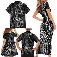 Polynesia Plumeria Lei Family Matching Short Sleeve Bodycon Dress and Hawaiian Shirt Black Curves Motif LT7 - Polynesian Pride