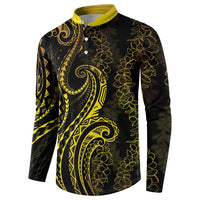 Polynesia Plumeria Lei Button Sweatshirt Black Gold Curves Motif