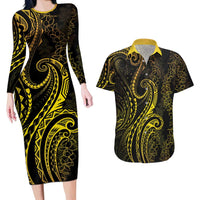 Polynesia Plumeria Lei Couples Matching Long Sleeve Bodycon Dress and Hawaiian Shirt Black Gold Curves Motif LT7 Gold - Polynesian Pride