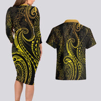 Polynesia Plumeria Lei Couples Matching Long Sleeve Bodycon Dress and Hawaiian Shirt Black Gold Curves Motif LT7 - Polynesian Pride