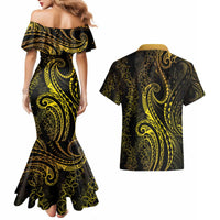 Polynesia Plumeria Lei Couples Matching Mermaid Dress and Hawaiian Shirt Black Gold Curves Motif LT7 - Polynesian Pride