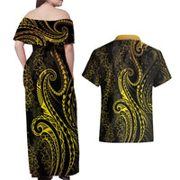 Polynesia Plumeria Lei Couples Matching Off Shoulder Maxi Dress and Hawaiian Shirt Black Gold Curves Motif LT7 - Polynesian Pride