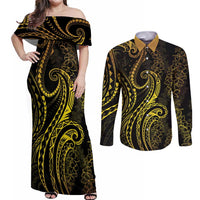 Polynesia Plumeria Lei Couples Matching Off Shoulder Maxi Dress and Long Sleeve Button Shirt Black Gold Curves Motif