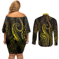 Polynesia Plumeria Lei Couples Matching Off Shoulder Short Dress and Long Sleeve Button Shirt Black Gold Curves Motif