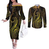 Polynesia Plumeria Lei Couples Matching Off The Shoulder Long Sleeve Dress and Long Sleeve Button Shirt Black Gold Curves Motif LT7 Gold - Polynesian Pride