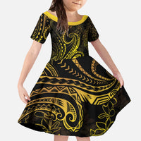 Polynesia Plumeria Lei Family Matching Off The Shoulder Long Sleeve Dress and Hawaiian Shirt Black Gold Curves Motif LT7 Daughter's Dress Gold - Polynesian Pride