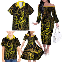 Polynesia Plumeria Lei Family Matching Off The Shoulder Long Sleeve Dress and Hawaiian Shirt Black Gold Curves Motif LT7 - Polynesian Pride