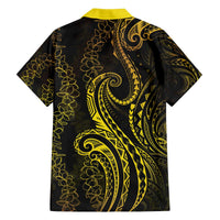 Polynesia Plumeria Lei Family Matching Off The Shoulder Long Sleeve Dress and Hawaiian Shirt Black Gold Curves Motif LT7 - Polynesian Pride
