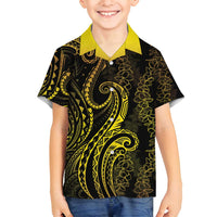 Polynesia Plumeria Lei Family Matching Off Shoulder Short Dress and Hawaiian Shirt Black Gold Curves Motif LT7 Son's Shirt Gold - Polynesian Pride